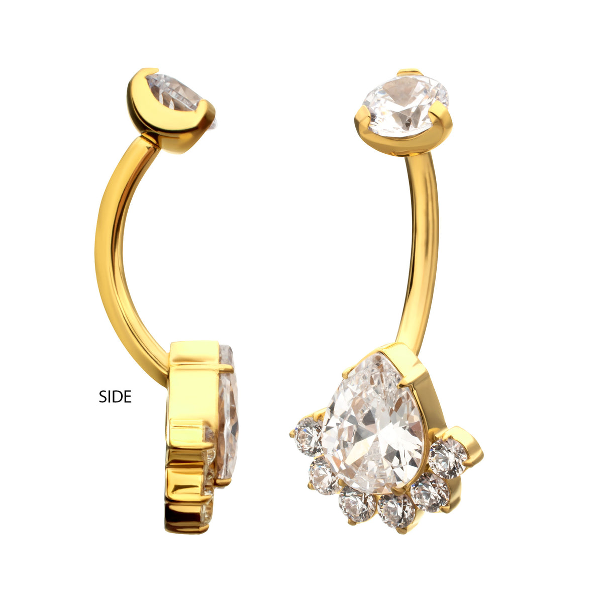 24Kt Gold PVD Titanium Internally Threaded Royal Cluster Teardrop Gem Fixed Bottom Navel