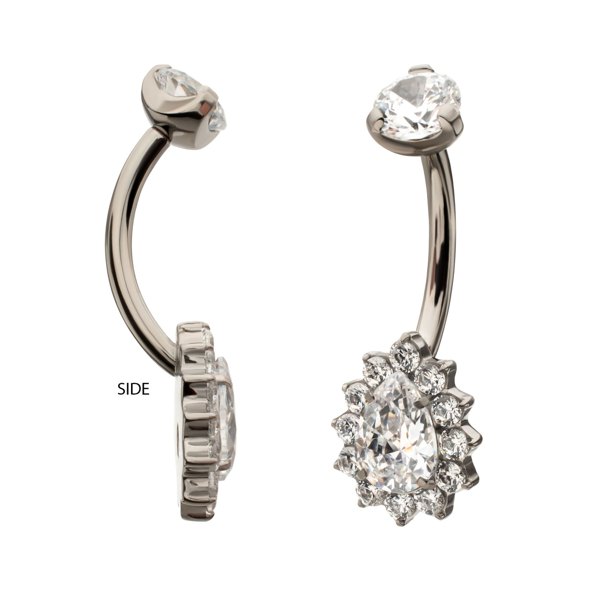 Titanium Internally Threaded Teardrop Halo with Clear Gem Edge Fixed Bottom Navel