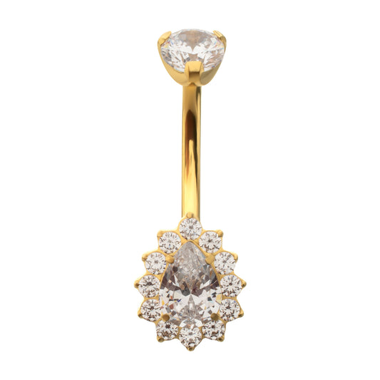 24Kt Gold PVD Titanium Internally Threaded Teardrop Halo with Clear Gem Edge Fixed Bottom Navel