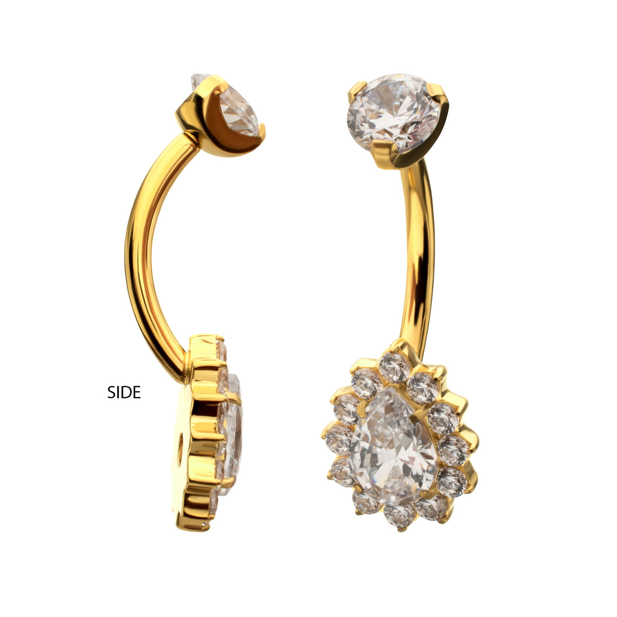 24Kt Gold PVD Titanium Internally Threaded Teardrop Halo with Clear Gem Edge Fixed Bottom Navel
