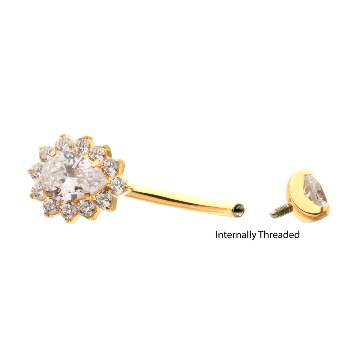 24Kt Gold PVD Titanium Internally Threaded Teardrop Halo with Clear Gem Edge Fixed Bottom Navel