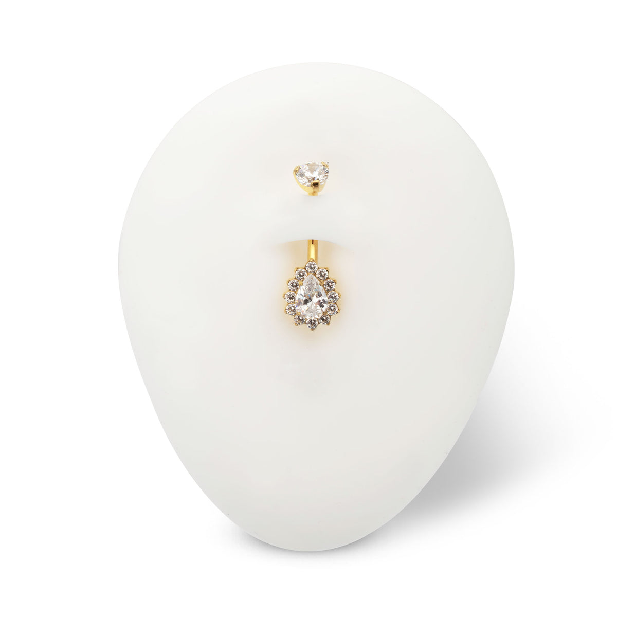 24Kt Gold PVD Titanium Internally Threaded Teardrop Halo with Clear Gem Edge Fixed Bottom Navel