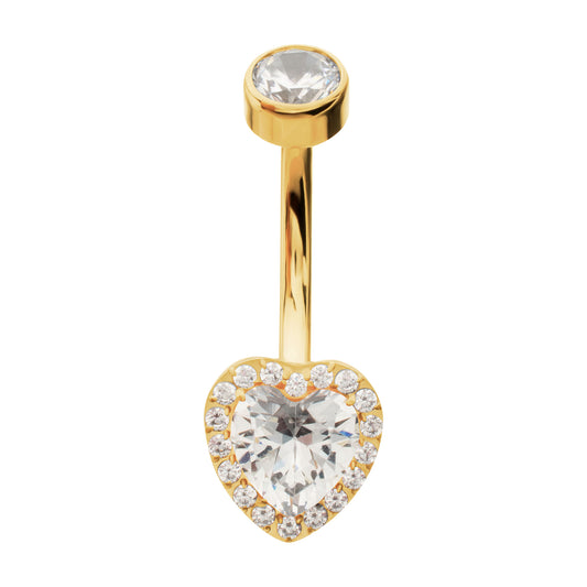 24Kt Gold PVD Titanium Internally Threaded Radiant Heart Halo with Clear Gem Edge Fixed Bottom Navel