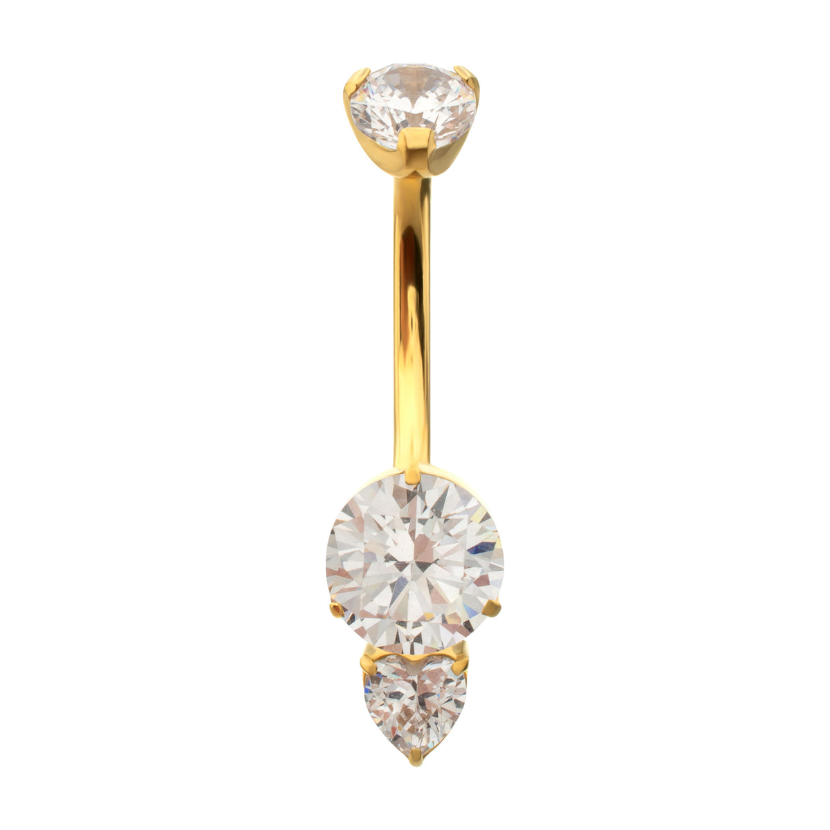24Kt Gold PVD Titanium Internally Threaded Luxe Drop Heart Gem Fixed Bottom Navel