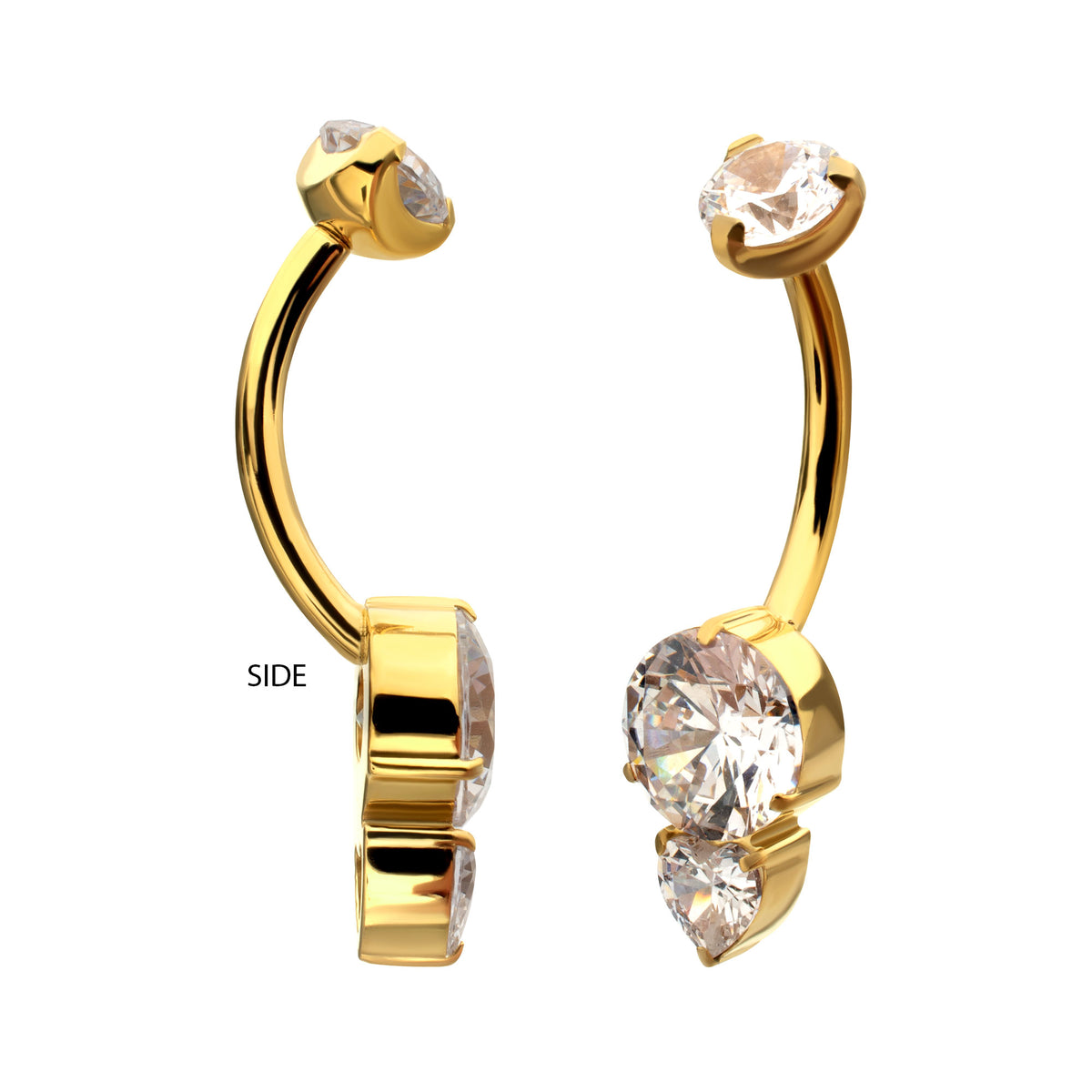 24Kt Gold PVD Titanium Internally Threaded Luxe Drop Heart Gem Fixed Bottom Navel
