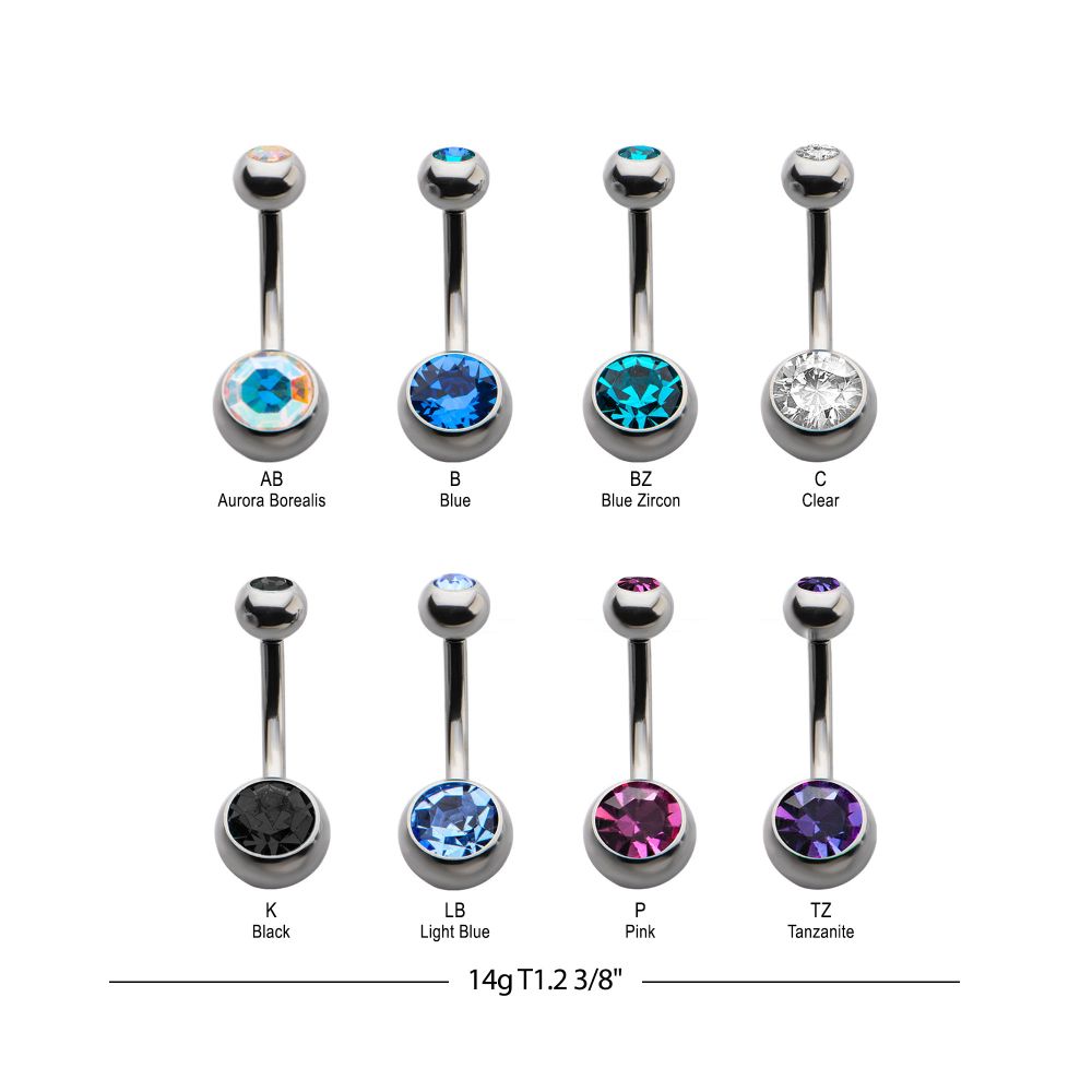 Titanium Internally Threaded with Bezel Set Double Swarovski Crystal Navel Curves