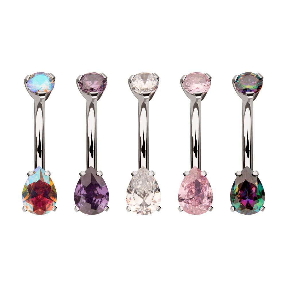 Titanium Internally Threaded Double Prong Set Teardrop Gem Fixed Bottom Navel