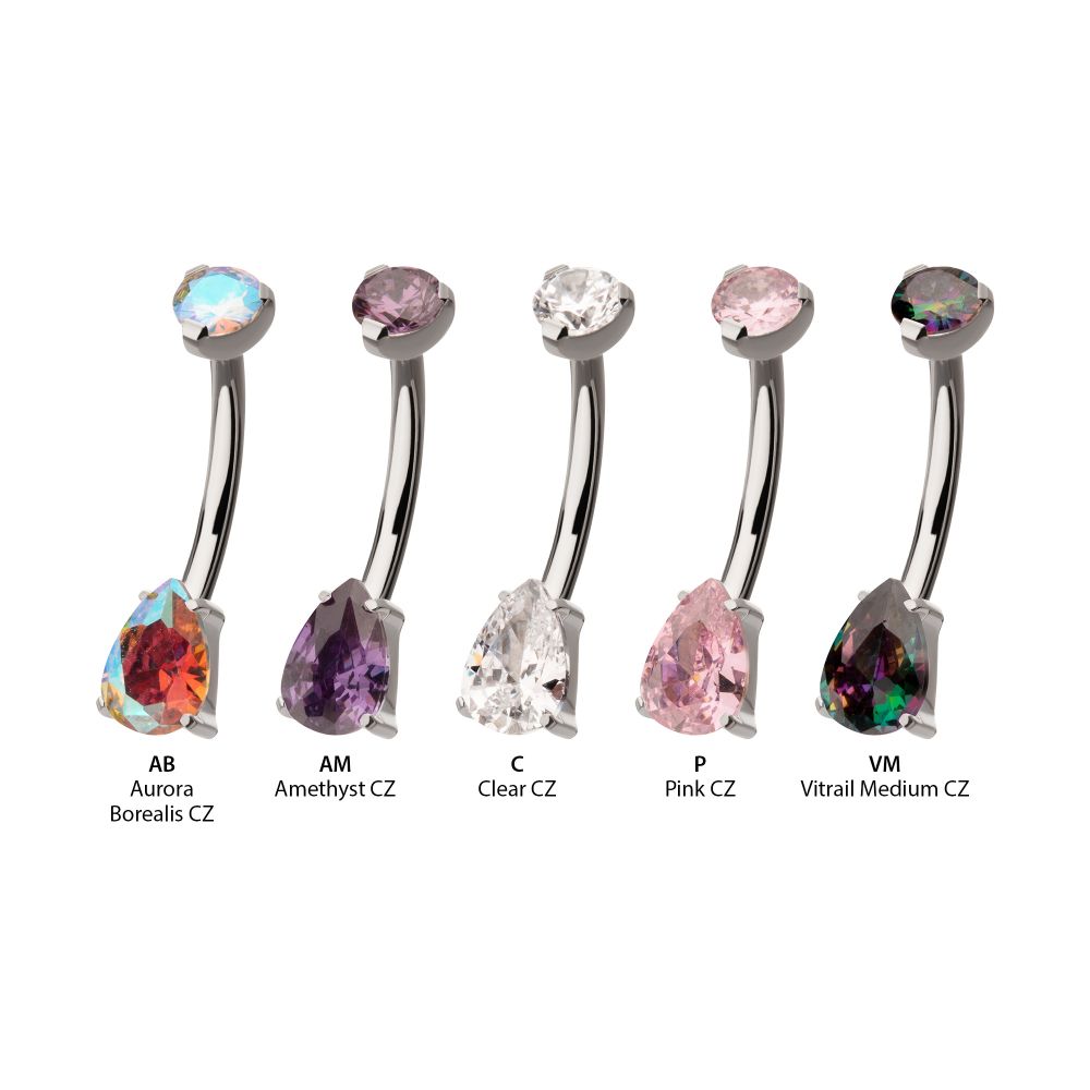 Titanium Internally Threaded Double Prong Set Teardrop Gem Fixed Bottom Navel