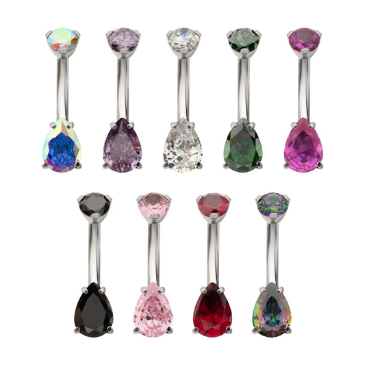 Titanium Internally Threaded Double Teardrop with 4-Prong Bottom Gem Fixed Bottom Navel
