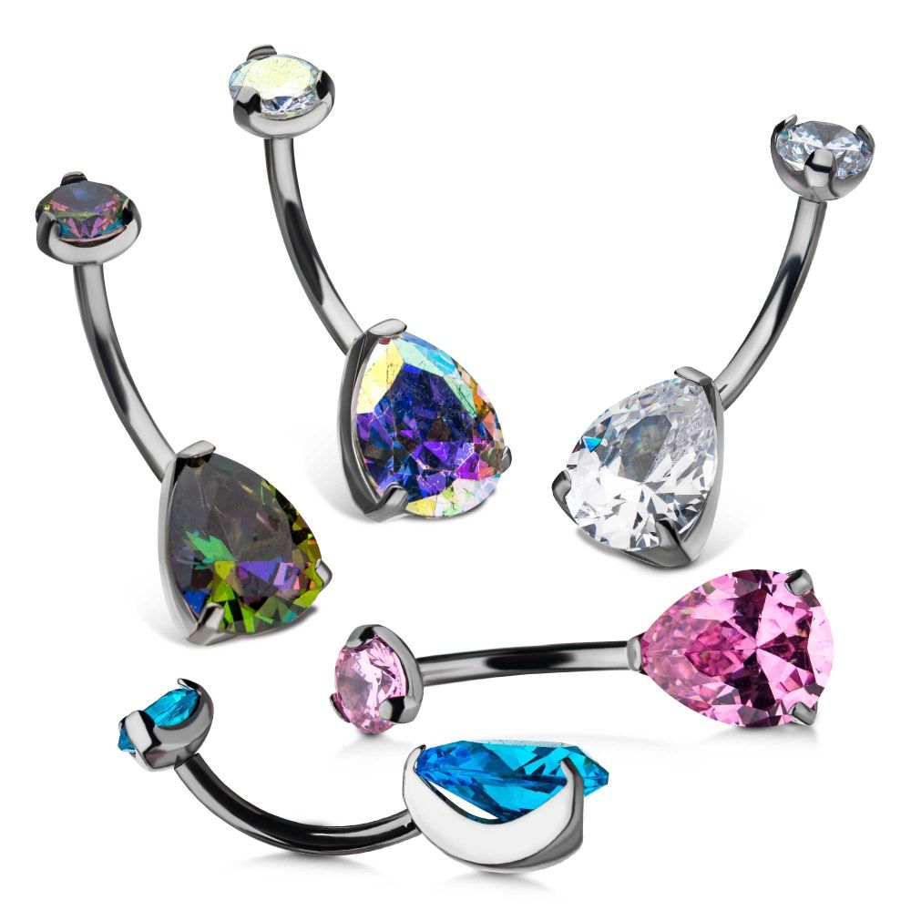 Titanium Internally Threaded Double CZ Gem 3-Prong Teardrop Navel Curves