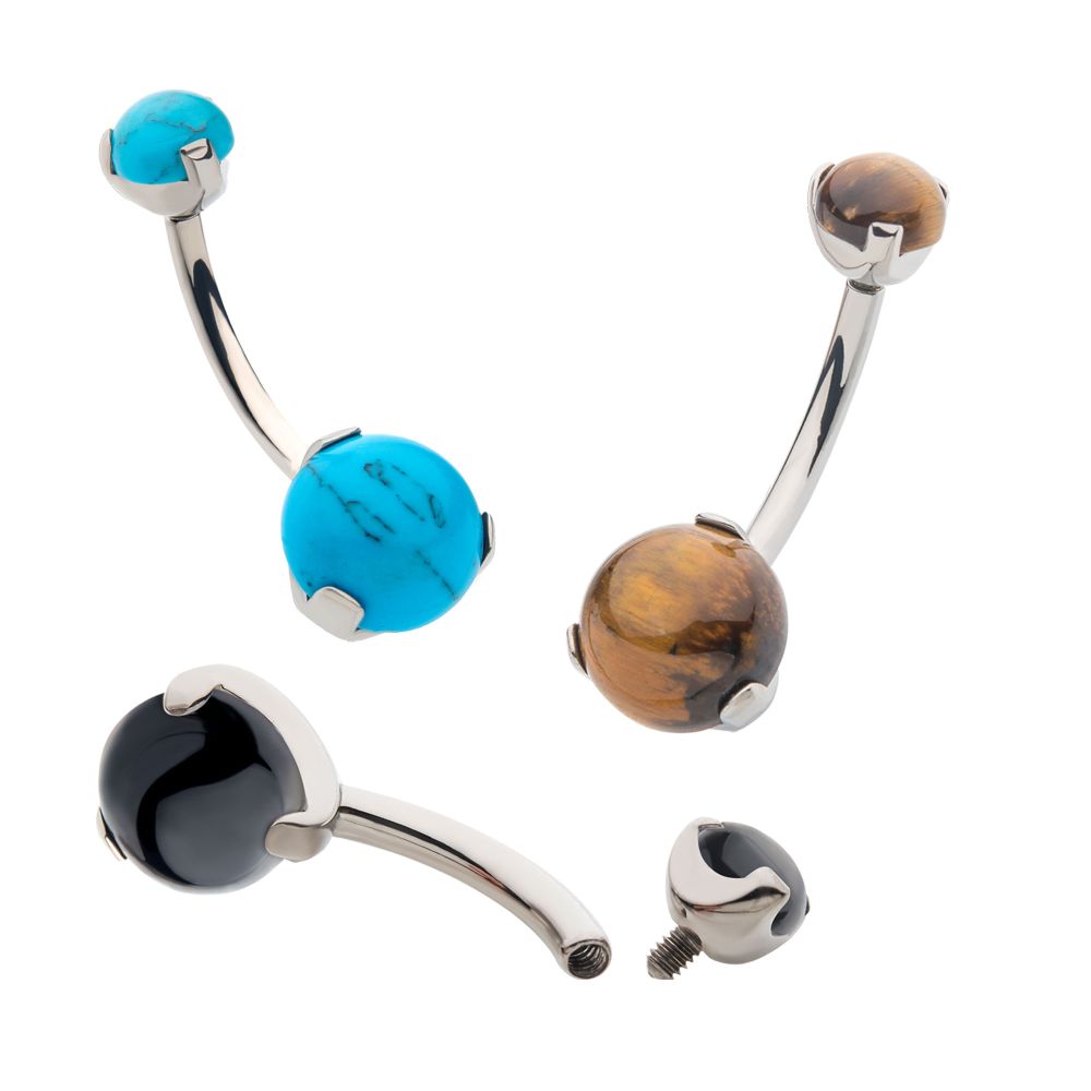 Titanium-Internally Threaded with 3 Prong Set Double Stone Fixed Bottom Navel Ring