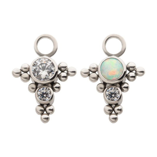 Titanium 11-Bead Bezel Round CZ/Opal 2-Cluster Charm