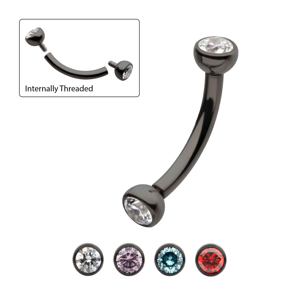 Black PVD Titanium Internally Threaded Double Bezel Gem End Curved Barbell