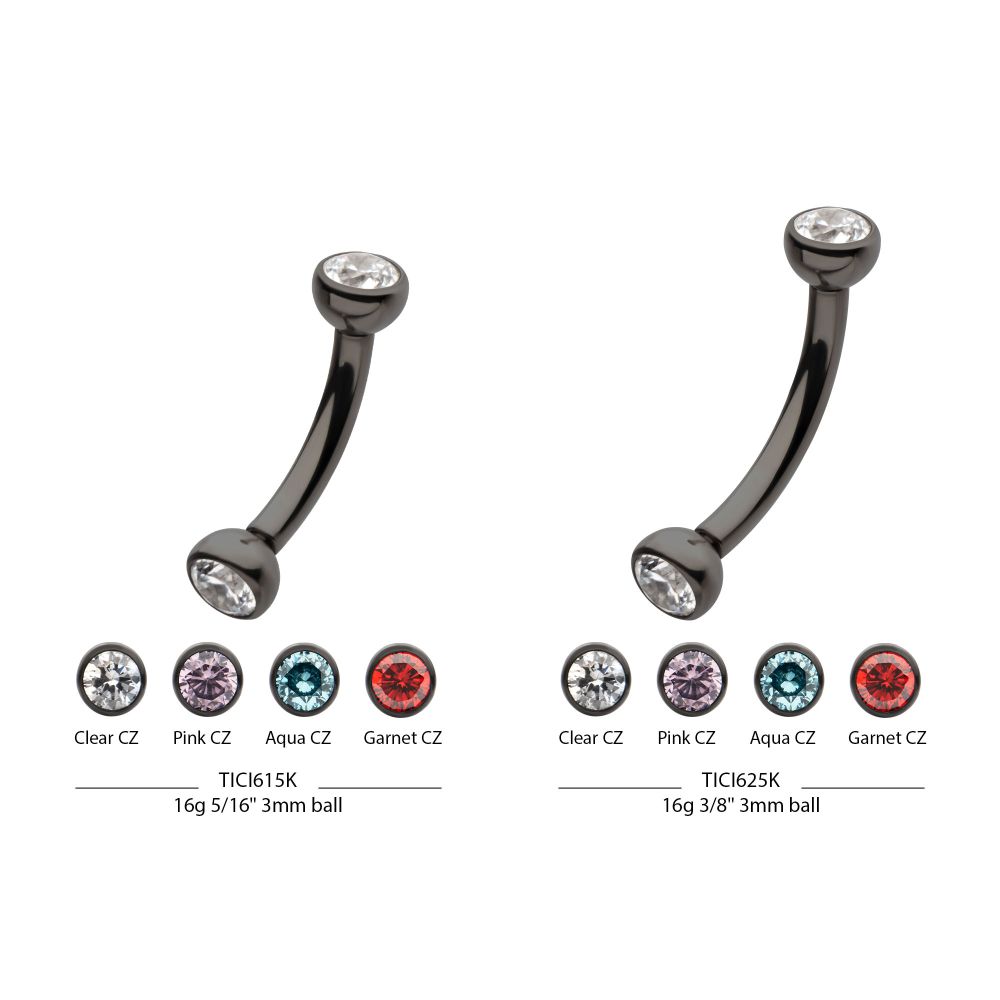 Black PVD Titanium Internally Threaded Double Bezel Gem End Curved Barbell