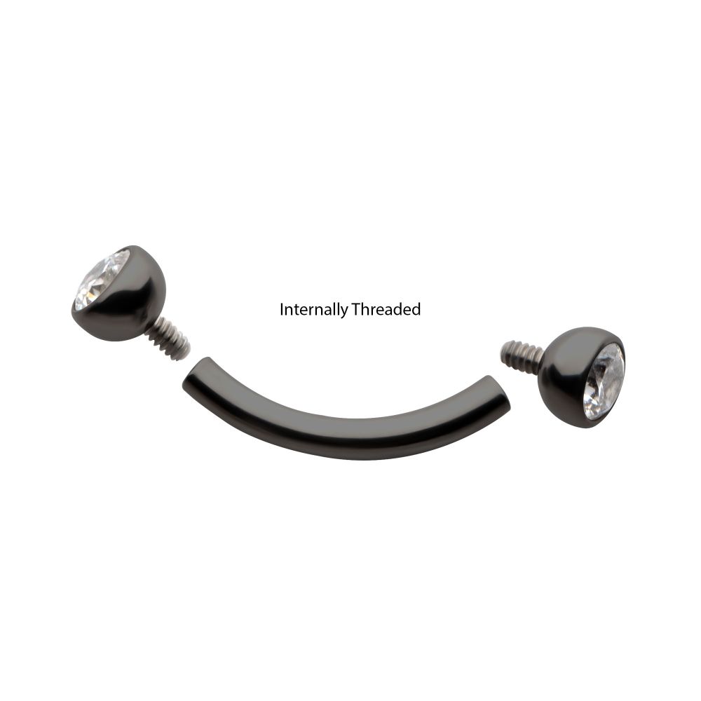 Black PVD Titanium Internally Threaded Double Bezel Gem End Curved Barbell