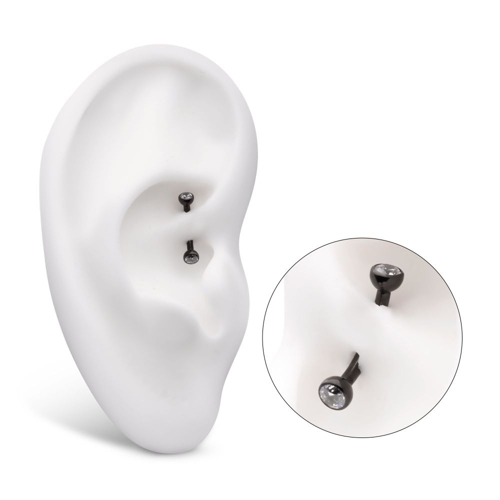 Black PVD Titanium Internally Threaded Double Bezel Gem End Curved Barbell