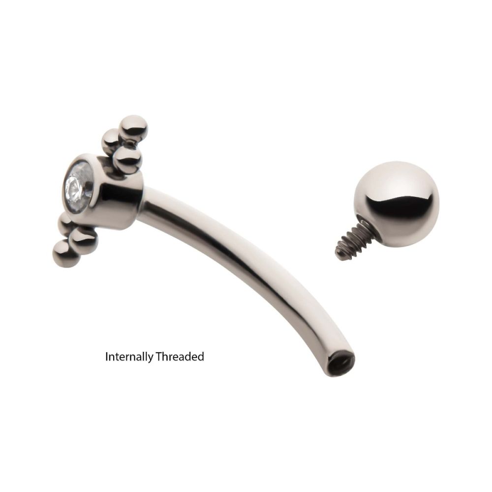 Titanium Internally Threaded with Tri Bead Bezel Set CZ Cluster Fixed Top Curved Barbell