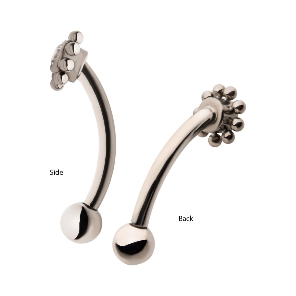 Titanium Internally Threaded with Beaded Bezel Set CZ Flower Fixed Top Curved Barbell