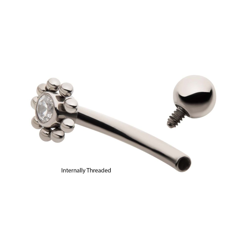 Titanium Internally Threaded with Beaded Bezel Set CZ Flower Fixed Top Curved Barbell