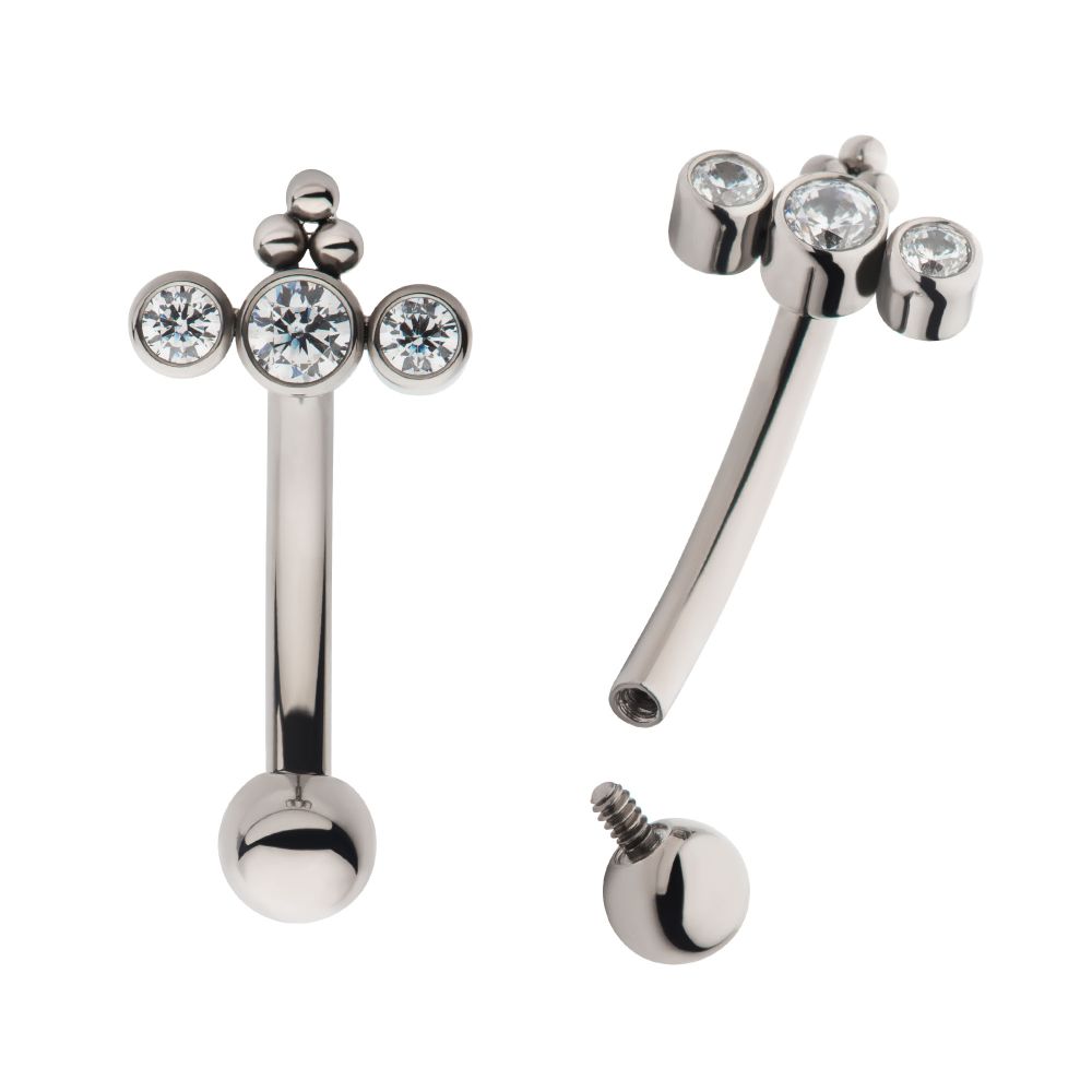 Titanium Internally Threaded with Tri Bead & 3-Cluster Bezel Set Clear AAA CZ Fixed Top Curved Barbell