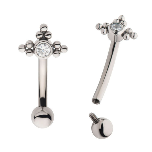 Titanium Internally Threaded with Tri Beads Set & Bezel Set Clear AAA CZ Fixed Top Curved Barbell