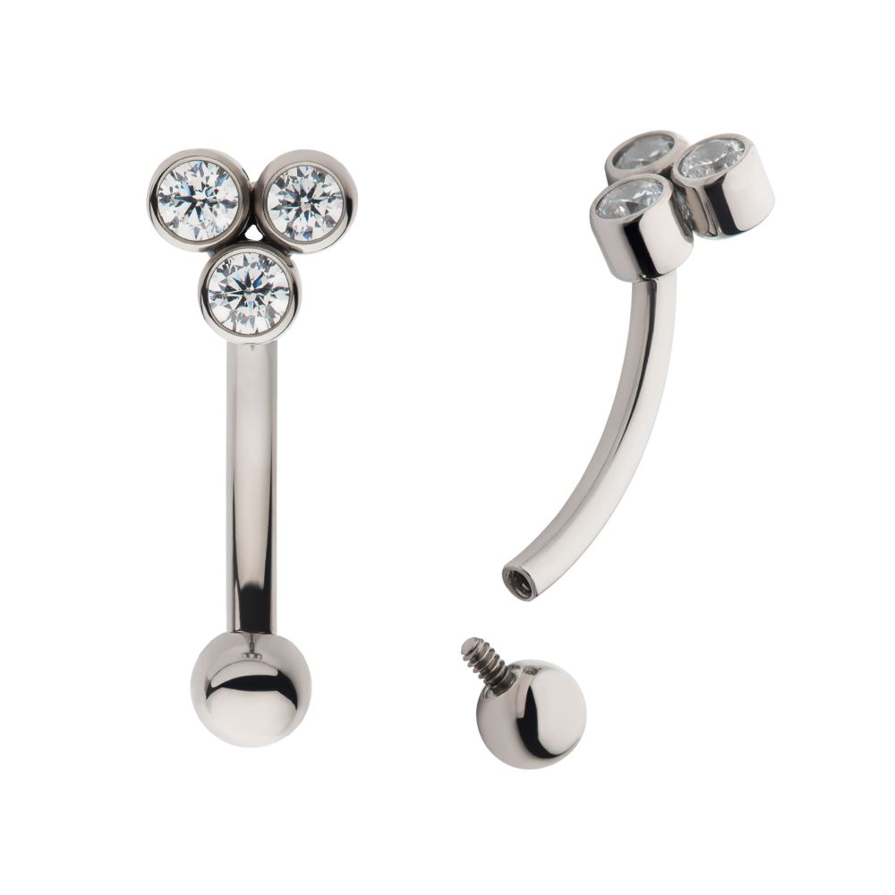 Titanium Internally Threaded Bezel Round CZ Trinity Fixed Top Curved Barbell