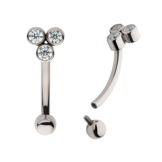 Titanium Internally Threaded Bezel Round CZ Trinity Fixed Top Curved Barbell