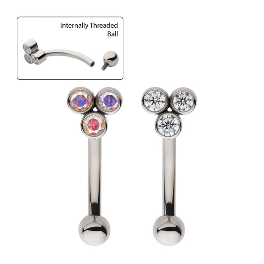 Titanium Internally Threaded Trinity Bezel Gem Fixed Top Curved Barbell