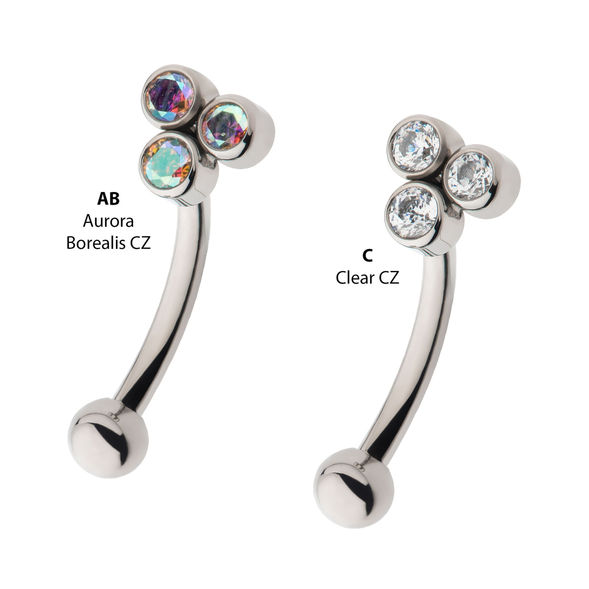 Titanium Internally Threaded Trinity Bezel Gem Fixed Top Curved Barbell