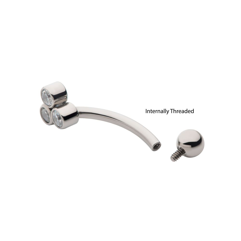 Titanium Internally Threaded Bezel Round CZ Trinity Fixed Top Curved Barbell