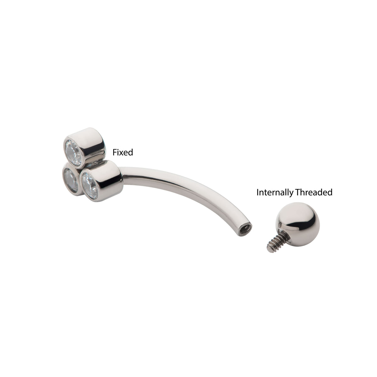 Titanium Internally Threaded Trinity Bezel Gem Fixed Top Curved Barbell