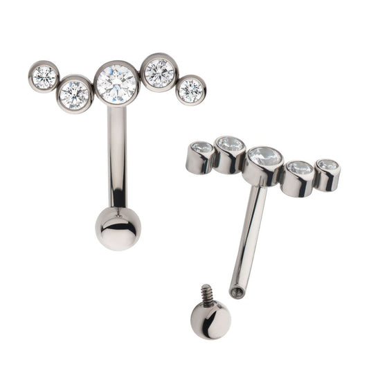 Titanium Internally Threaded with Bezel Set Clear AAA CZ Oscillating 5-Cluster Fixed Top Curved Barbell