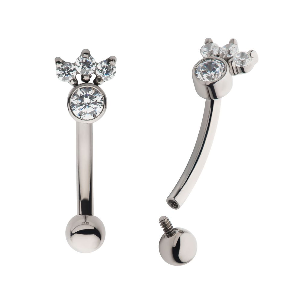 Titanium Internally Threaded with 4 Clear AAA CZ Fixed Top Curved Barbell