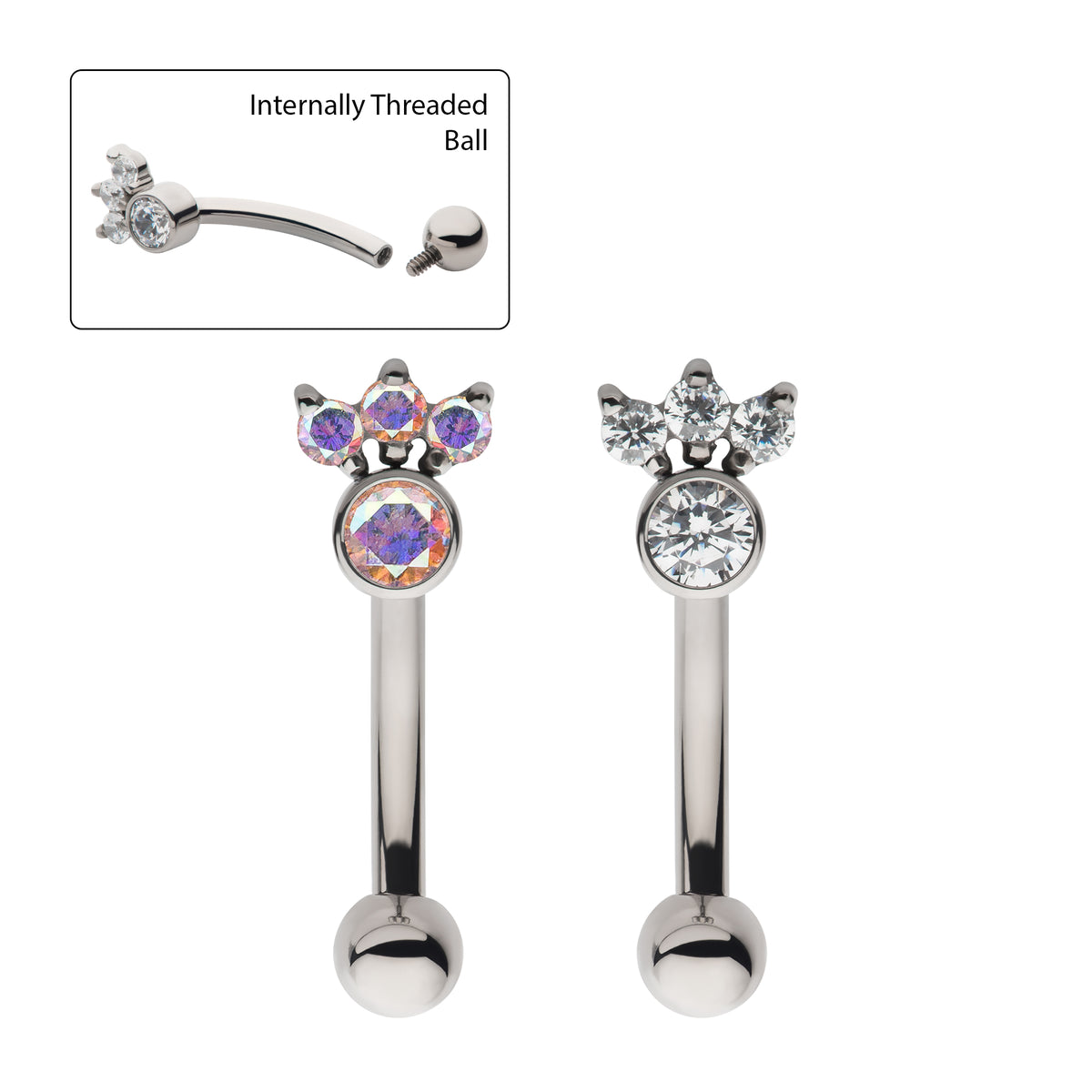 Titanium Internally Threaded Trinity Prong Set Gem & Bezel Round Gem Fixed Top Curved Barbell