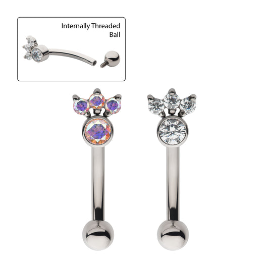 Titanium Internally Threaded Trinity Prong Set Gem & Bezel Round Gem Fixed Top Curved Barbell