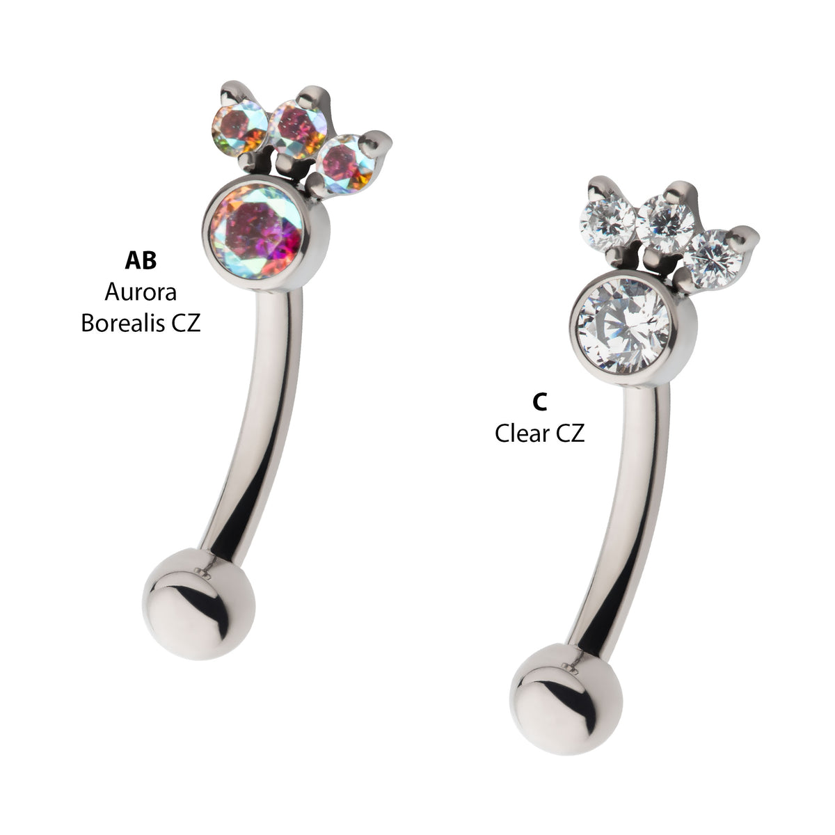 Titanium Internally Threaded Trinity Prong Set Gem & Bezel Round Gem Fixed Top Curved Barbell