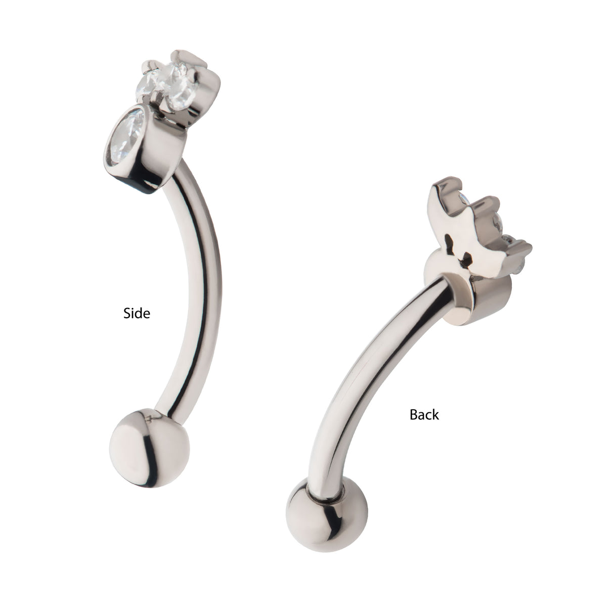 Titanium Internally Threaded Trinity Prong Set Gem & Bezel Round Gem Fixed Top Curved Barbell