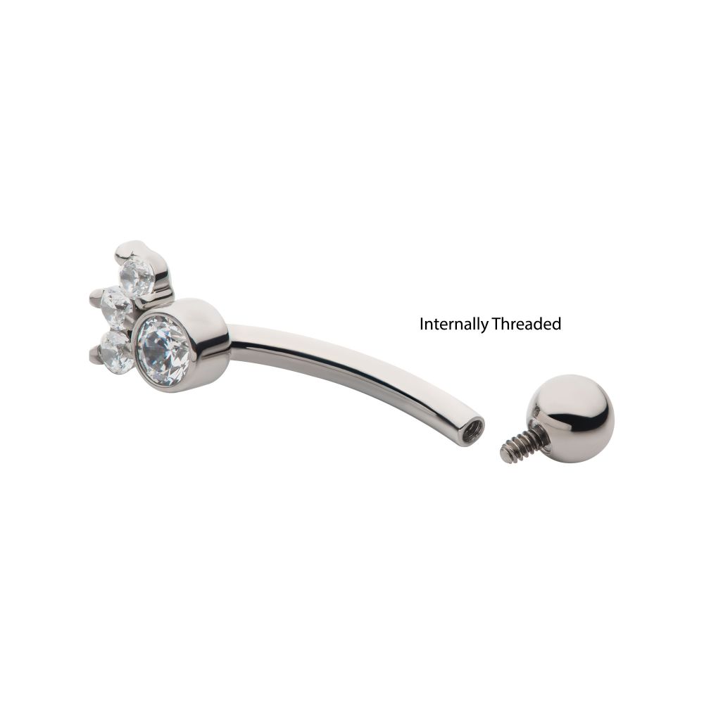 Titanium Internally Threaded with 4 Clear AAA CZ Fixed Top Curved Barbell