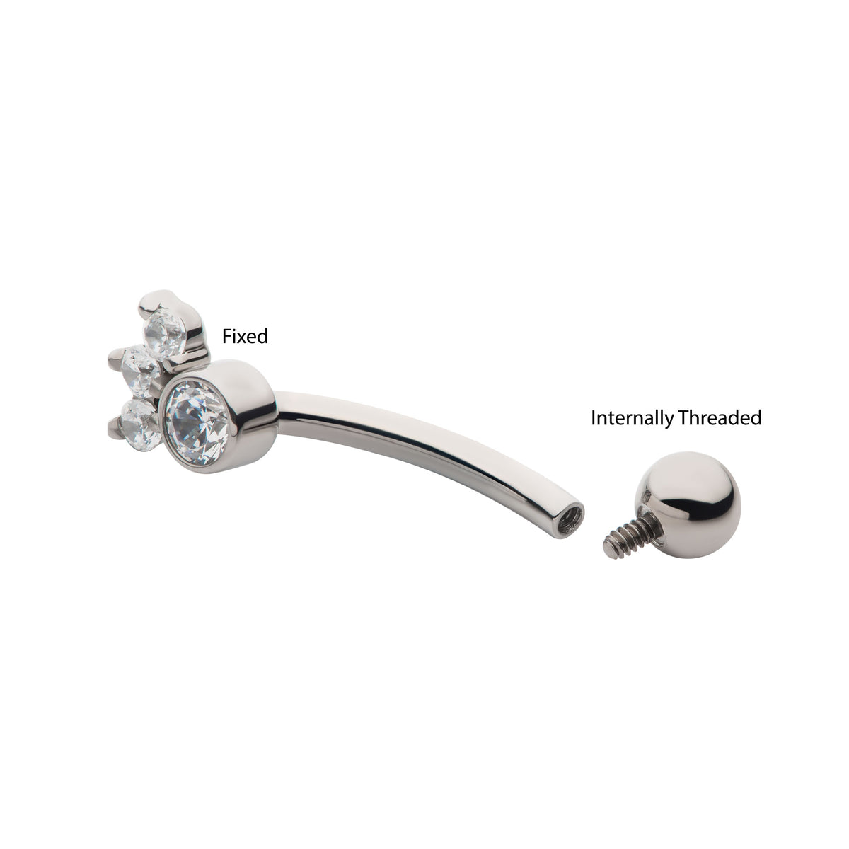Titanium Internally Threaded Trinity Prong Set Gem & Bezel Round Gem Fixed Top Curved Barbell