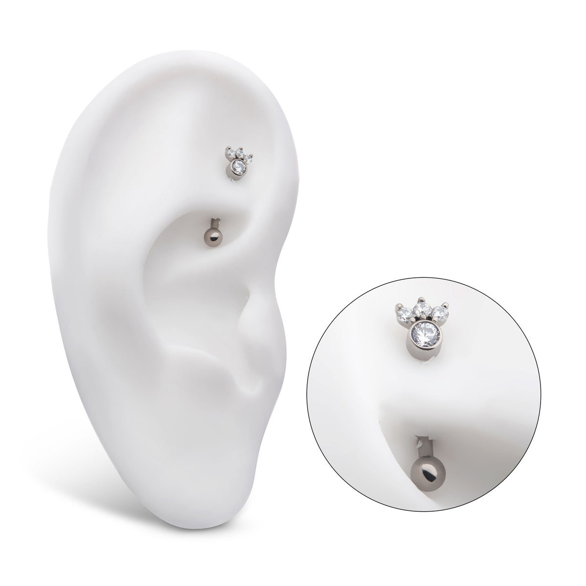 Titanium Internally Threaded Trinity Prong Set Gem & Bezel Round Gem Fixed Top Curved Barbell