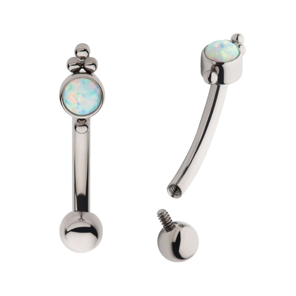 Titanium Internally Threaded Tri Bead & Bezel Set White Opal Fixed Top Curved Barbell