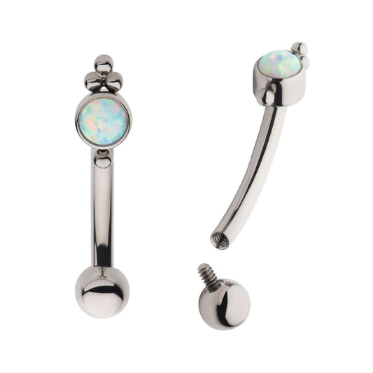 Titanium Internally Threaded Tri Bead & Bezel Set White Opal Fixed Top Curved Barbell