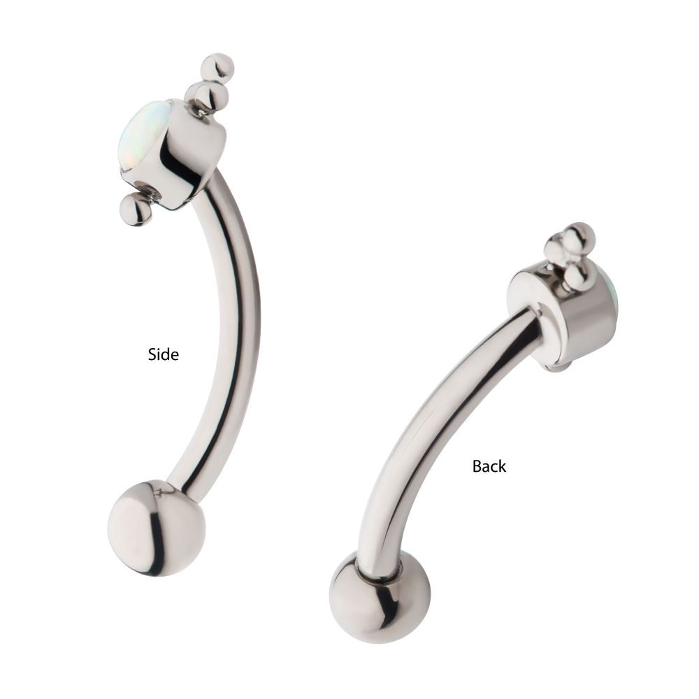 Titanium Internally Threaded Tri Bead & Bezel Set White Opal Fixed Top Curved Barbell