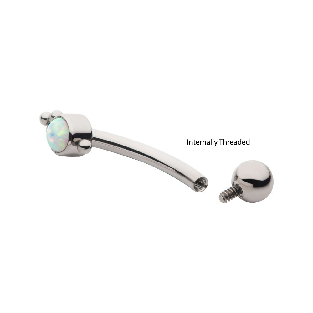 Titanium Internally Threaded Tri Bead & Bezel Set White Opal Fixed Top Curved Barbell