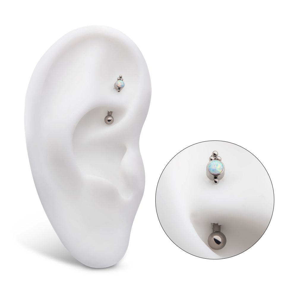 Titanium Internally Threaded Tri Bead & Bezel Set White Opal Fixed Top Curved Barbell