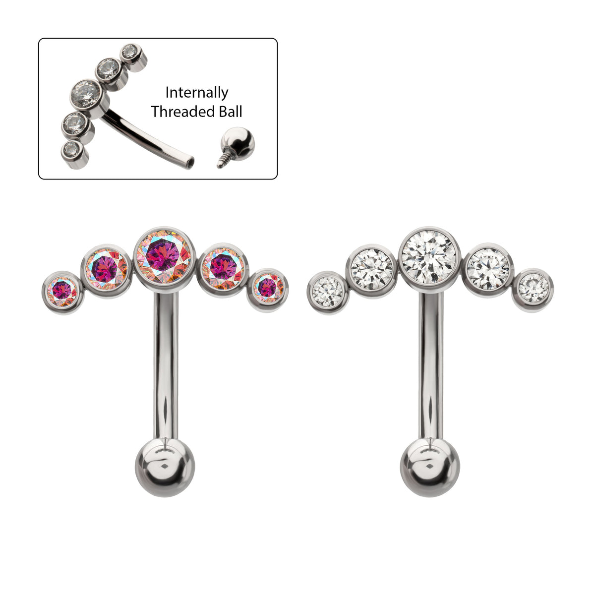 Titanium Internally Threaded 5-Cluster Bezel Set Gem Fixed Top Curved Barbell