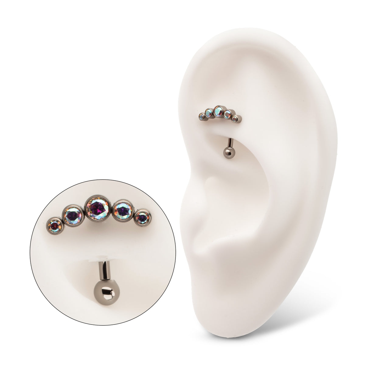 Titanium Internally Threaded 5-Cluster Bezel Set Gem Fixed Top Curved Barbell