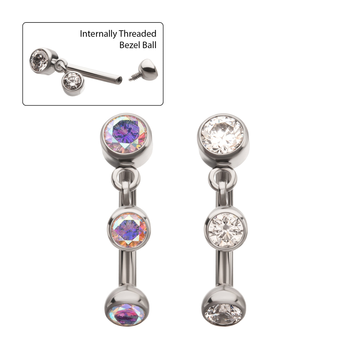 Titanium Internally Threaded Bezel Gem Fixed Top Curved Barbell with Floating Gem Dangle