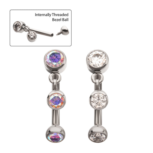 Titanium Internally Threaded Bezel Gem Fixed Top Curved Barbell with Floating Gem Dangle