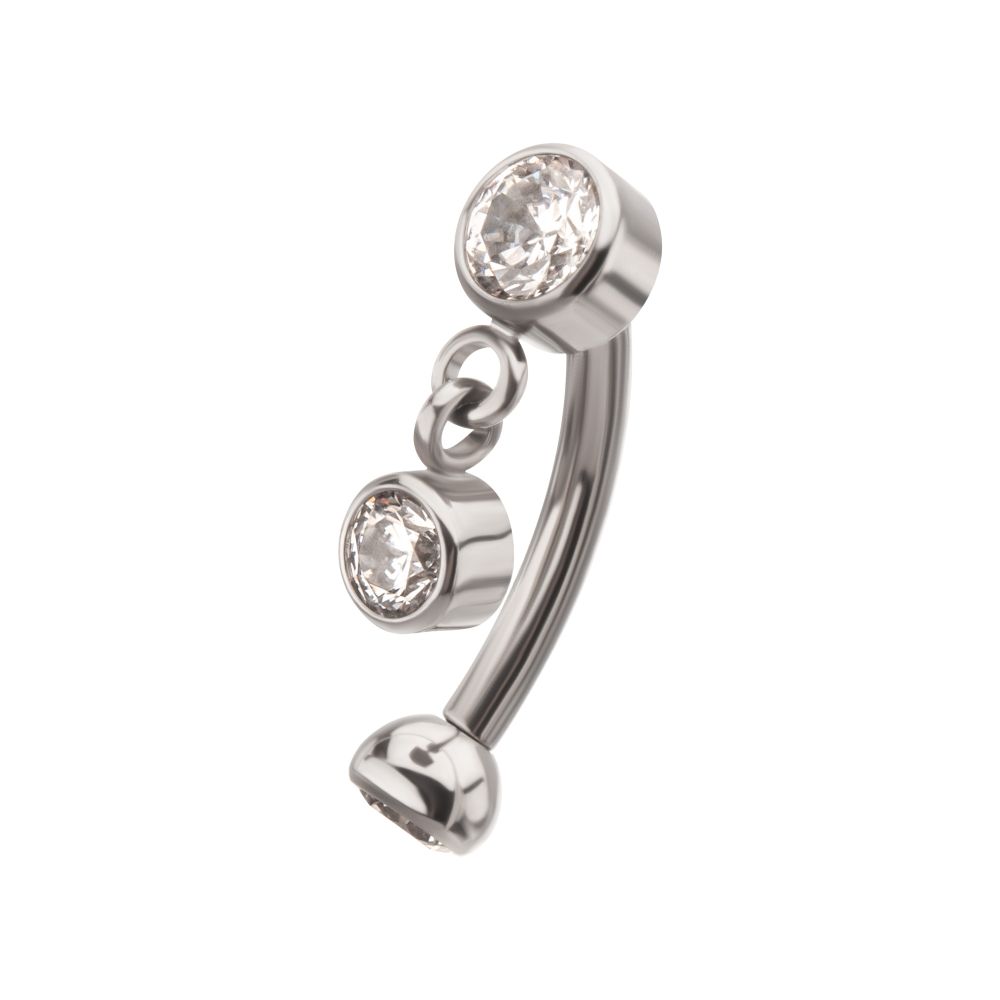 Titanium Internally Threaded Bezel Gem Fixed Top Curved Barbell with Floating Round CZ Dangle
